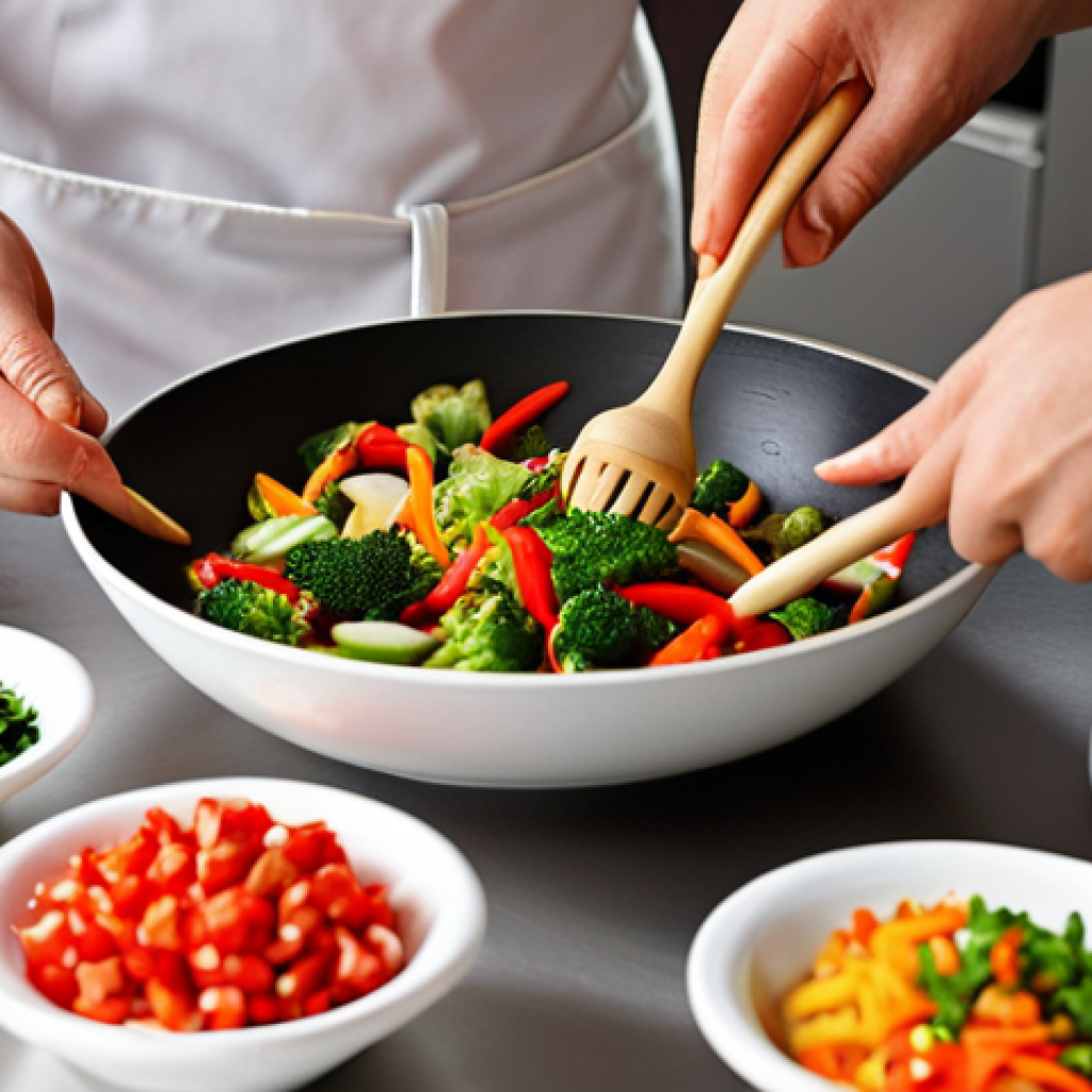 **

A close-up shot of someone preparing a Chinese stir-fry kit in a modern Polish kitchen. Focus on fresh ingredients (brightly colored vegetables, lean meat). Perhaps the person is adding their own touch, like some fresh herbs or spices commonly found in Polish cuisine. The overall feel should be healthy, quick, and appealing to busy individuals.

**