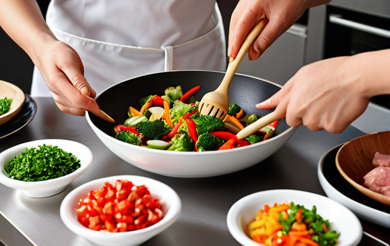 **
A close-up shot of someone preparing a Chinese stir-fry kit in a modern Polish kitchen. Focus on fresh ingredients (brightly colored vegetables, lean meat). Perhaps the person is adding their own touch, like some fresh herbs or spices commonly found in Polish cuisine. The overall feel should be healthy, quick, and appealing to busy individuals.
**